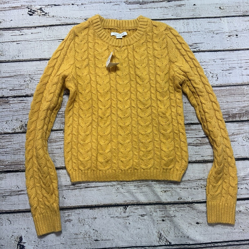 American Eagle Sweater Womens XS Mustard Yellow Cable Knit Stretch Crewneck NWT